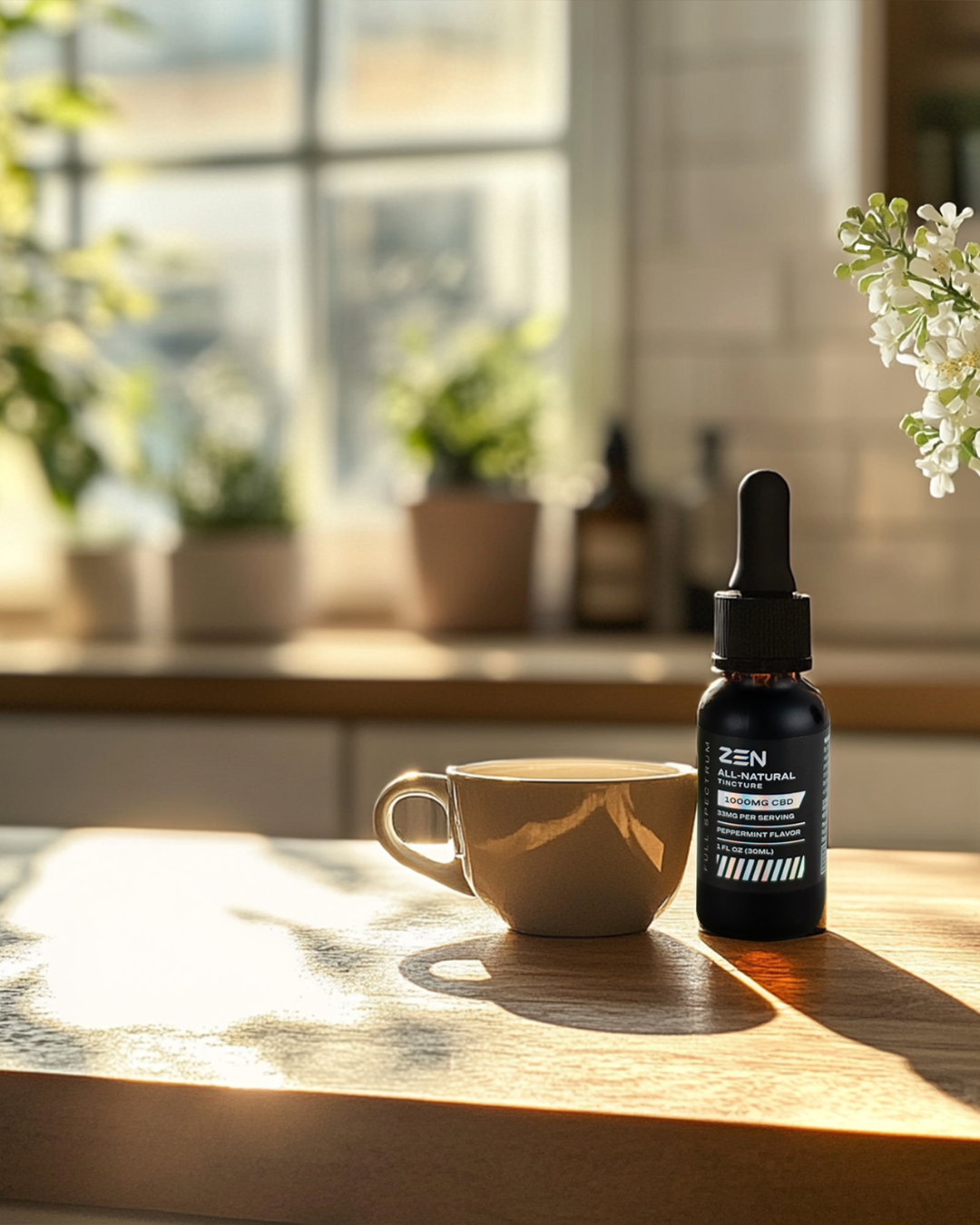 Zen All-Natural CBD Tincture Bottle Next to a Coffee Cup on a Sunlit Kitchen Counter