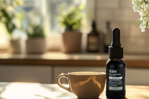 Zen All-Natural CBD Tincture Bottle Next to a Coffee Cup on a Sunlit Kitchen Counter